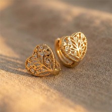 Zeino Hayat Ağacı Detaylı Kalp Şekilli Çelik Küpe - 14K Altın Rengi Kaplama, 1 cm