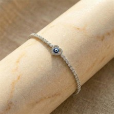 Zeino Nazar Boncuklu Kalp Detaylı Su Yolu Çelik Bileklik - Gümüş Kaplama, 16+2 cm