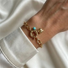 Zeino Mavi Taşlı Kalp Detaylı Zincir Çelik Bileklik - 14K Altın Rengi Kaplama, 17+3 cm