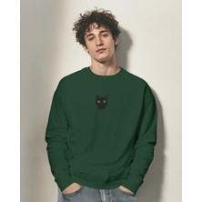 Muhtar Store Erkek Siyah Kedi Desenli Sweatshirt – Minimal Göğüs Baskılı, Unisex Rahat Kalıp