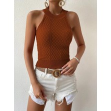 Nova Epoxy Art Kadın Kolsuz Halter Yaka Mini Baklava Desenli Triko Bluz