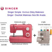 Singer Kırmızı Simple 3223R Elektronik Dikiş Makinesi +Singer 14 Hd 854 Overlok Makinesi Ikisi Bir Arada