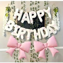 Beyaz Happy Birthday Folyo ile Pembe Renkli Fiyonk Set Parti Doğum Günü Kutlama Seti