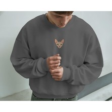 Muhtar Store Erkek Sphynx (Tüysüz) Kedisi Desenli Sweatshirt – Minimal Göğüs Baskılı, Unisex Rahat Kalıp