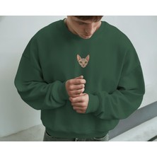 Muhtar Store Erkek Sphynx (Tüysüz) Kedisi Desenli Sweatshirt – Minimal Göğüs Baskılı, Unisex Rahat Kalıp