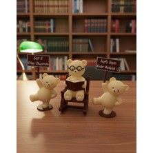 Kitaplık ve Kütüphane Dekoratif Biblo 3’lü Set - Sallanan Sandalyeli Gözlüklü Kitap Okuyan Ayıcık