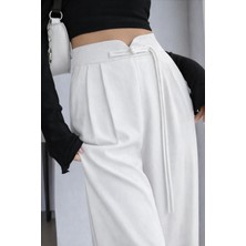 Hazel Kadın Beyaz Arkası Lastikli Ip Bağlama Detaylı Yüksek Bel Palazzo Pantolon
