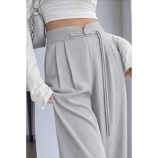 Hazel Kadın Gri Arkası Lastikli Ip Bağlama Detaylı Yüksek Bel Palazzo Pantolon