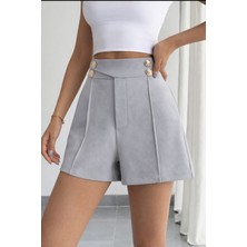 Hazel Kadın Gri Altın Düğmeli Şort