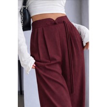 Hazel Kadın Vişne Arkası Lastikli Ip Bağlama Detaylı Yüksek Bel Palazzo Pantolon