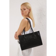 World Star Siyah Kroko Desen Dokulu Kadın Midi Tote Omuz Çanta
