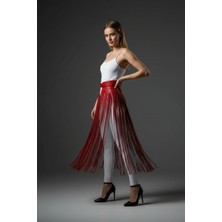 Marsilyan Kırmızı Etek Uzun Püskül Detaylı Etek Suni Deri Etek - BRF1003