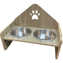 Özbience Yüksekliği Ayarlanabilir Pati Desenli Ahşap Köpek ve Kedi Mama Kabı Standı