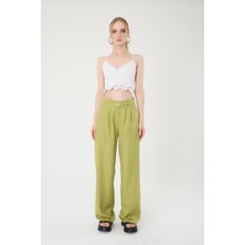 Hazel Kadın Yağ Yeşili Keten Karışımlı Kore Model Palazzo Pantolon