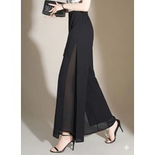 Hazel Kadın Yüksek Bel Yırtmaçlı Çift Katmanlı Şifon Pantolon Siyah Modern Model
