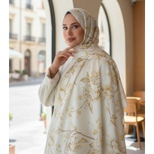 Revam Collection Kadın Soft Pamuk Şal Retro Çiçek Desenli Beyaz Altın