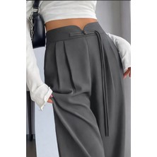 Hazel Kadın Antrasit Arkası Lastikli Ip Bağlama Detaylı Yüksek Bel Palazzo Pantolon