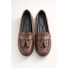 Slipcat Kadın Örgü Desenli Püsküllü Rahat Comfort Loafer