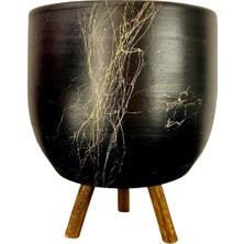 Hype Store Bitki Tasarımı Ev Dekorasyon Aksesuar Siyah Üzeri Gold Mermer Efektli Toprak Saksı Saksılık Salon Çi