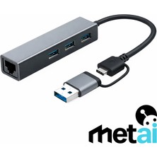 Metai Type-C Hub Adaptör 4in1 | 3x USB 3.0 + 1000 Mbps Gigabit Ethernet RJ45 Lan Dönüştürücü