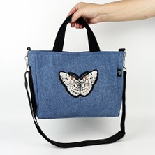 Woodycord El Yapımı Kelebek Nakışlı Mavi Kot Tote Çanta