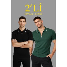 Velmora Fashion Erkek 2 Li Paket Dokuma Triko  Fermuarlı Yakalı Fitilli Kısa Kollu Regular Fit Tişört - Haki & Siyah