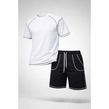 Velmora Fashion Erkek Spor Tişört Şort Takım Kontrast Dikiş Detaylı Ovarsize Rahat Kalıp - Beyaz