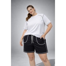 Velmora Fashion Kadın Battal Beden Kısa Kollu Tişört Şort Takım Kontrast Dikiş Detaylı Günlük Ev Giyimi - Beyaz