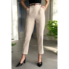 DESIGN AND ME Kadın Yüksek Bel Dar Paça Pileli Kemerli Mevsimlik Kumaş Pantolon