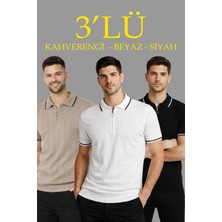 Velmora Fashion Erkek 3 Lü Paket Dokuma Triko  Fermuarlı Yakalı Fitilli Kısa Kollu Regular Fit Tişört - Kahverengi, Beyaz, Siyah