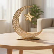 Multi Trendy Ramazan’a Özel Ahşap Altın Pleksi Ay Yıldız Masa Üstü Süsü | Dekoratif Hilal Masa Süsü