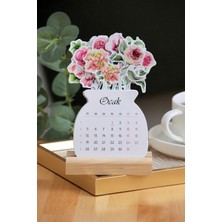 Allians Pembe Çiçekli Ahşap Mini Masa Takvimi, Özel Tasarım, Vazodaki Çiçekler