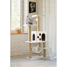 Özbience Konforlu ve Şık Hamaklı Yuvalı Kedi Tırmalama Evi Beyaz