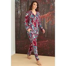 Herşeytrend Litae Çiçek ve Yaprak Desenli Önü Düğmeli Pijama Takımı