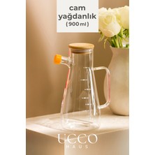 Ucco Borosilikat Cam Yağdanlık 900 ml – Bambu Kapaklı Ölçülü Sağlıklı Cam Yağ Şişesi Mutfak Sürahi