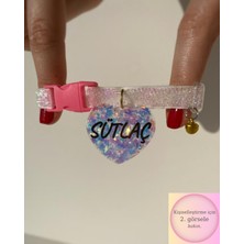 Özbience Kalp Şeklinde Beyaz Tasma - Zilli Lilac Dream Glitter, Kedi ve Küçük Irk Köpekler Için