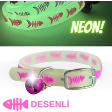 Özbience Fosforlu Neon Kedi Boyun Tasması, Ayarlanabilir, Parlayan ve Zilli 30 cm