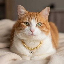Özbience Altın Renk Boncuklu Kedi Kolyesi, Ayarlanabilir Pati Figürlü Tak