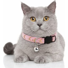 Özbience Pembe Ay Yıldız Desenli Kedi Tasması, Ayarlanabilir ve Güvenlik Tokalı