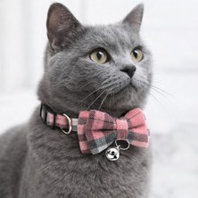 Özbience Pembe Ekoseli Fiyonklu Kedi Tasması Çıngıraklı ve Ayarlanabilir