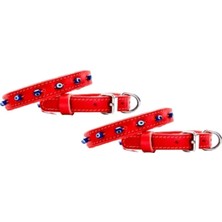Özbience Kırmızı Hakiki Deri Nazar Boncuklu Kedi ve Köpek Tasmaları 38CM×1,5CM, 2'li Set