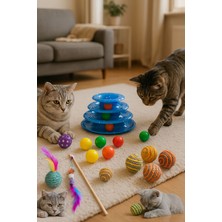 Özbience Renkli 5'li Kedi Oyuncağı Seti: Oltası, 3 Katlı Hacıyatmaz, Tüylü ve Çıngıraklı Top