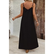 Nova Epoxy Art Kadın Ip Askılı Geniş V Yakalı Desenli Süprem Elbise