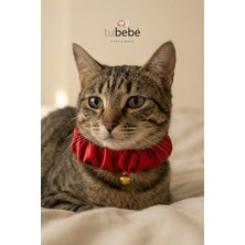 Özbience Kırmızı Saten Yılbaşı Kedi Tasması, Esnek Scrunch Model, Altın Çanlı