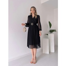 Nova Epoxy Art Kadın Şifon Kumaş Astalı Kloş Kesim Kruvaze Yaka Midi Boy Elbise