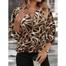 Nova Epoxy Art Kadın Uzun Kollu Yuvarlak Yaka Fermuarlı Desenli Şardonlu Bluz