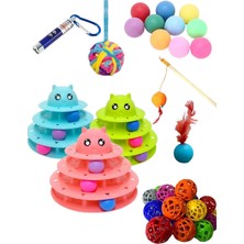 Özbience 3 Katlı Kedi Oyun Seti, Lazer, Oltalı, Yumuşak Top ve Tüylü Top ile Eğlence