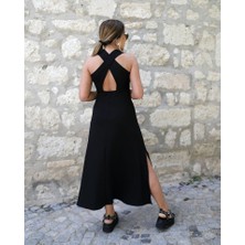 Nova Epoxy Art Kadın Arkadan Çapraz Detay Yuvarlak Yaka Maksi Viskon Elbise