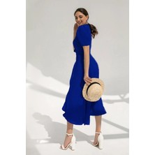 Nova Epoxy Art Kadın Kruvaze Yaka Midi Boy Kuşaklı Krep Elbise 120 cm