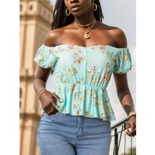 Nova Epoxy Art Kadın Kısa Kollu Madonna Yaka Çiçek Desenli Düğme Detay Gipeli Süprem Kumaş Bluz